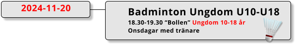 Badminton Ungdom U10-U18 18.30-19.30 “Bollen” Ungdom 10-18 år Onsdagar med tränare  2024-11-20