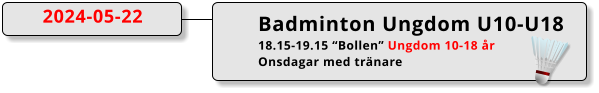 Badminton Ungdom U10-U18 18.15-19.15 “Bollen” Ungdom 10-18 år Onsdagar med tränare  2024-05-22